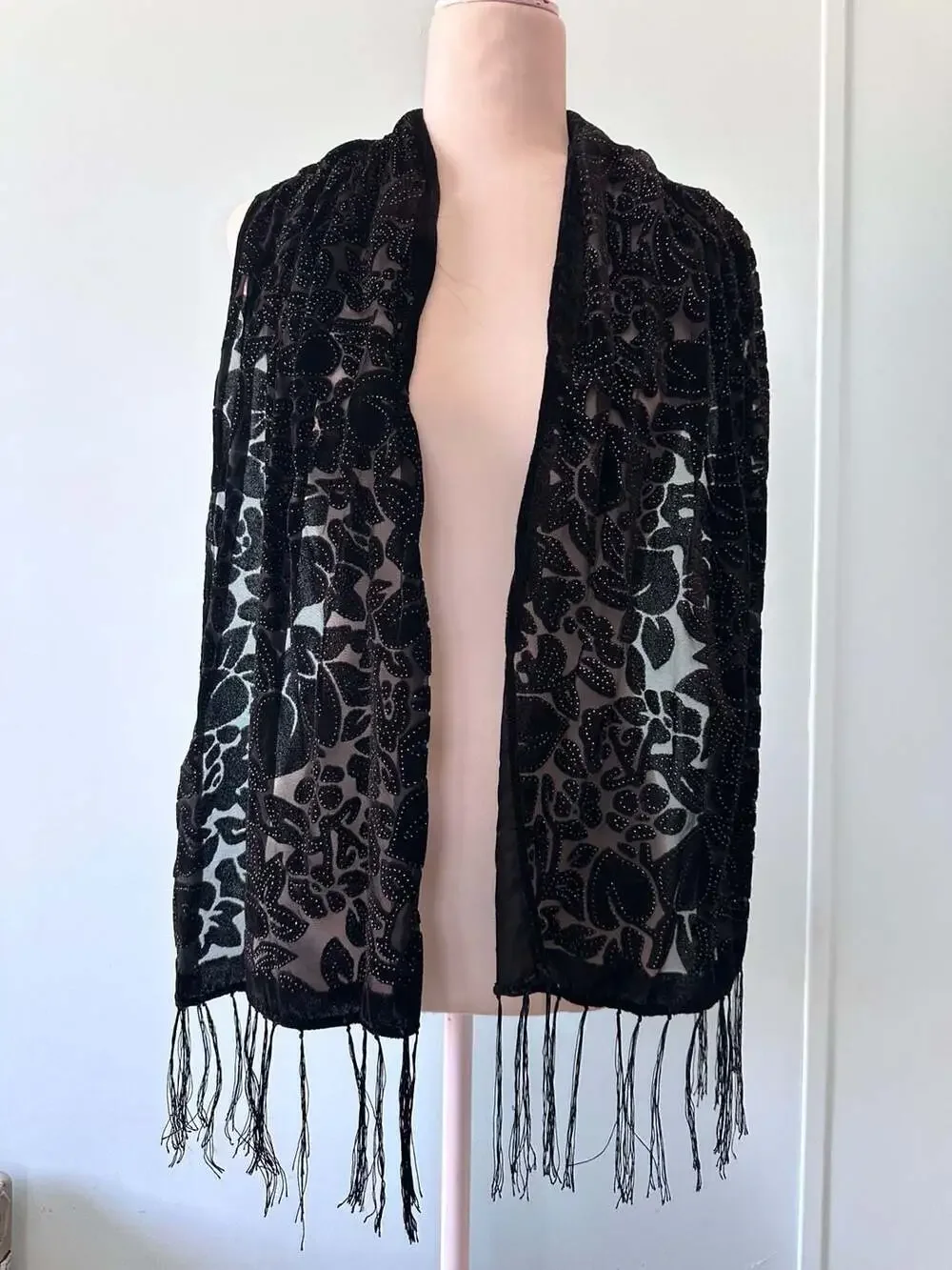 Julian Imports Silk Burnout Velvet Scarf Shawl Black Floral Fringe
